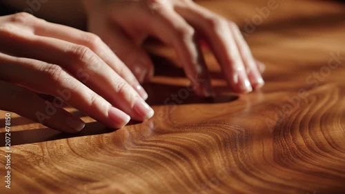 Close-up of Hands Touching Smooth Wooden Surface in Warm Lighting.