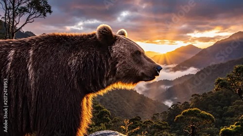 A large brown bear stands before a mountain sunrise