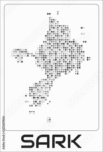 Sark digital style map. Small circle dots on white background. Dotted shape of the island. Sark map and title. Creative vector illustration.