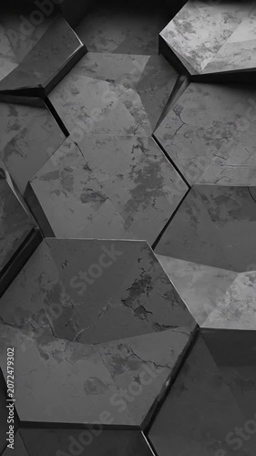 Dark grey hexagonal tiles create a textured geometric background