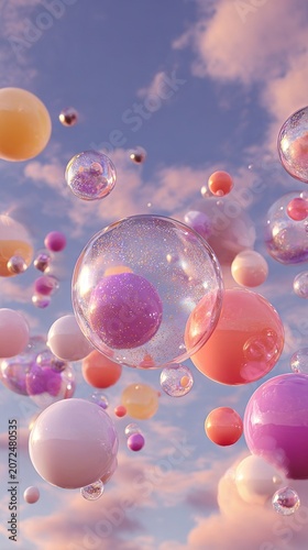 Transparent orbs and spheres floating in a dreamy pastel sky