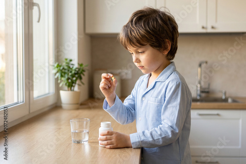 Young Boy Taking Vitamin Supplement in Kitchen Morning Routine