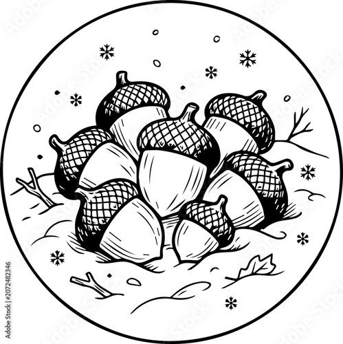 Acorns fall in snow with leaves