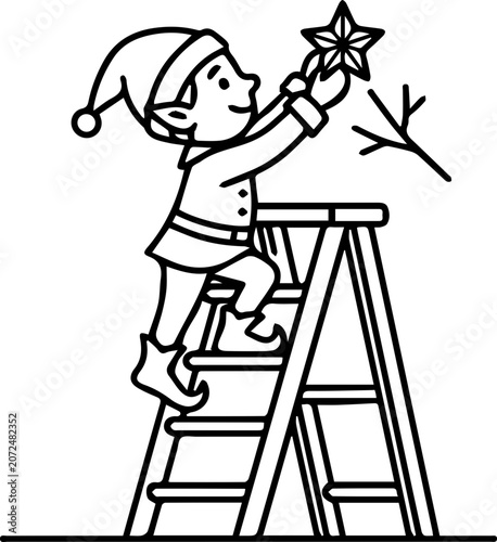 Elf climbing ladder decorates christmas tree with star