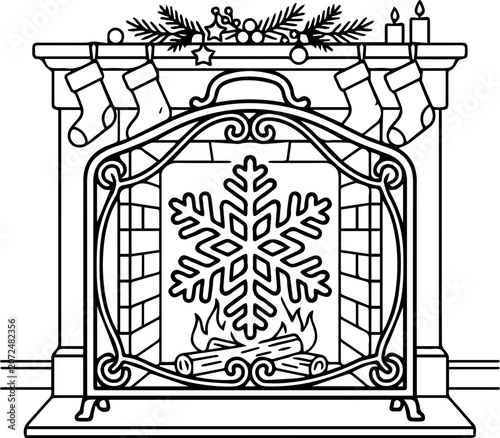 Christmas fireplace with snowflake stockings
