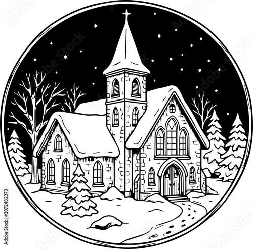 Snowy church at night with steeple and trees under starry sky