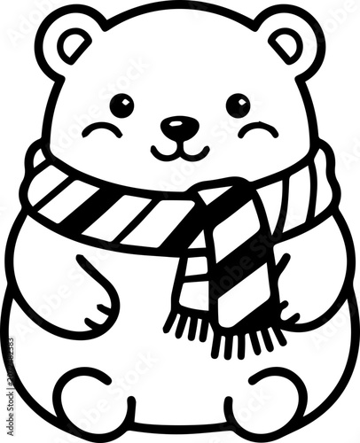 Cute bear wearing striped scarf smiles warmly