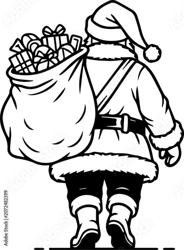 Santa claus walking with a large sack of gifts on his back