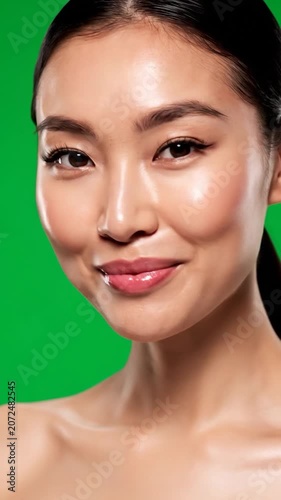 Portrait captures a calm, radiant woman against a green backdrop