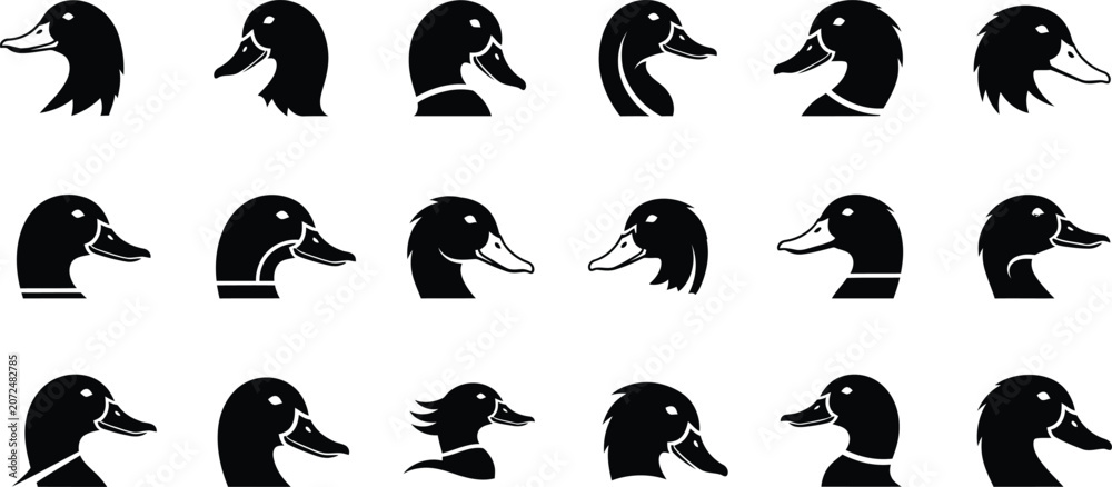 Fototapeta premium Duck head silhouette icons set featuring various profiles and styles silhouette wildlife isolated
