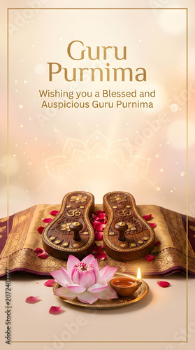 Guru Purnima illustration featuring sacred wooden Guru Paduka adorned with a lotus, rose petals, and a glowing diya, symbolizing devotion, gratitude, and divine blessings.
