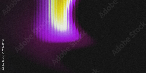 Foto Dark black textured grainy abstract backdrop with vertical streaked purple and glowing yellow gradient light flow, subtle film noise texture