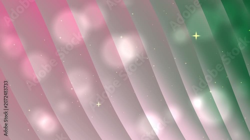 Pink and green abstract background with diagonal stripes, blurry light circles, sparkling star shapes. Suitable for trendy designs and festive events.