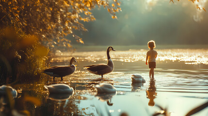 Peaceful Moment by the Pond with Geese and Child