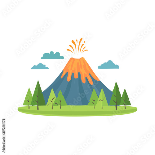 Flat vector illustration of a volcano with mountain landscape