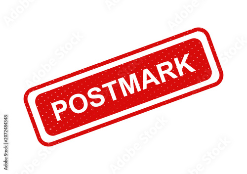 Foto Red postmark stamp with white text isolated on transparent background