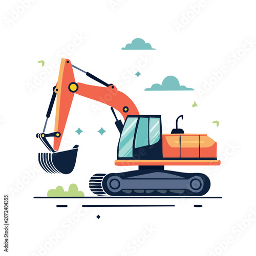 Orange Excavator Flat Vector Illustration