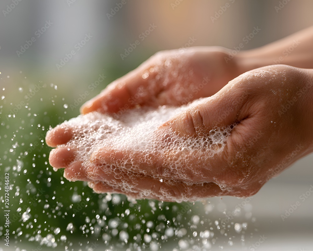 Fototapeta premium Close up of hands cupped with soap bubbles and water splashing, promoting hygiene and cleanliness