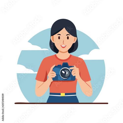 Woman holding camera flat vector illustration