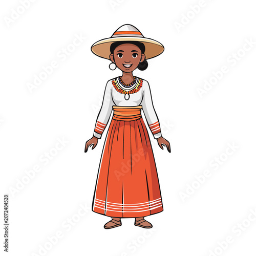 Woman in traditional orange dress and hat illustration
