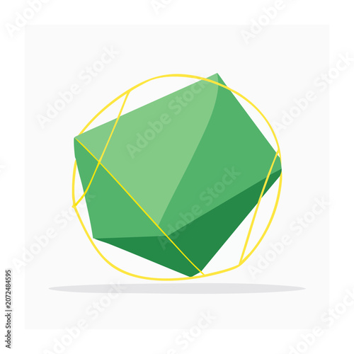 Abstract green geometric shape with yellow circle and lines