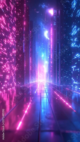 Futuristic neon city street with glowing skyscrapers at night