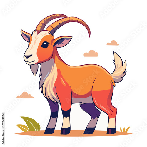 Cartoon goat illustration with clouds and grass