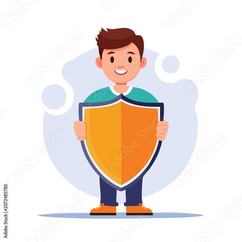 Cartoon man holding orange shield vector illustration