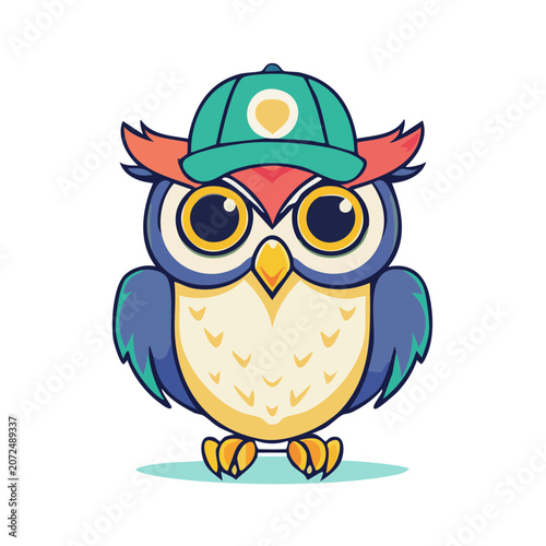 Cute flat illustration of an owl with sun and moon