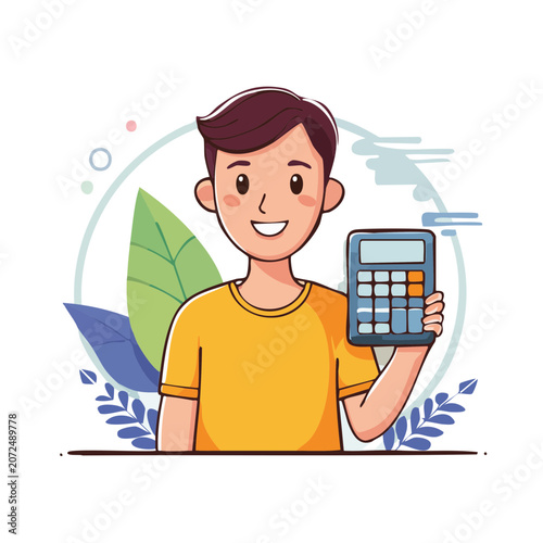 Smiling man holding a calculator, flat vector illustration