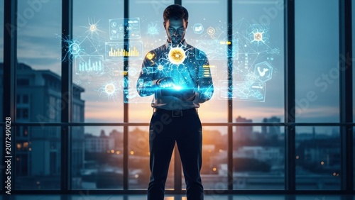 Futuristic Businessman Analyzing Medical Data Hologram
