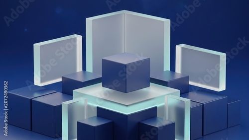 Abstract 3D Blue Geometric Cube Composition