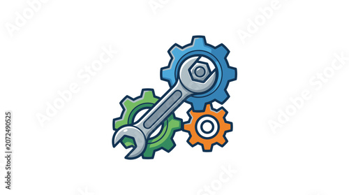 Wrench and Colorful Gears Icon for Industrial Maintenance and Engineering
