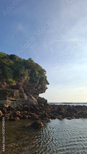 Rocky tropical beach coast with a lush green cliff over looking the ocean against a bright sky