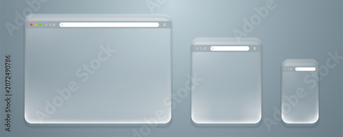 Fotografie Web browser mockup set in liquid glass style for computer, laptop, tablet and mobile screen