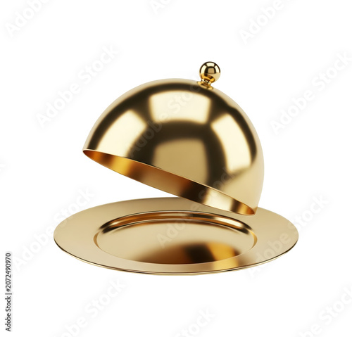 Open golden serving dish with lid slightly ajar on a golden plate