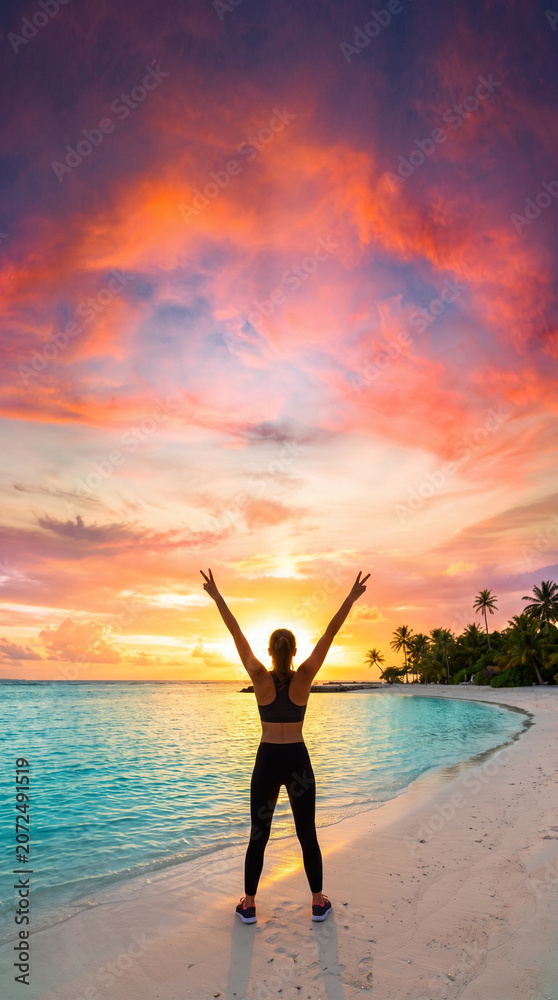 Fototapeta premium Breathtaking Dramatic Fit Female Silhouette Arms Raised in Victory Pose on Tropical Beach at Golden Hour With Turquoise Ocean