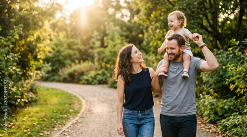 Family  dad and daughter on shoulders in park with mom  happiness or love in summer sunshine. Young couple  baby girl or laugh together for freedom  bond or holding hands for care  backyard or garden