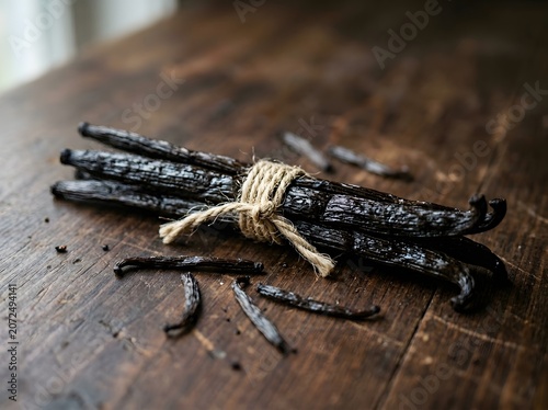 A bundle of three aromatic organic vanilla pods tied with twine on wood