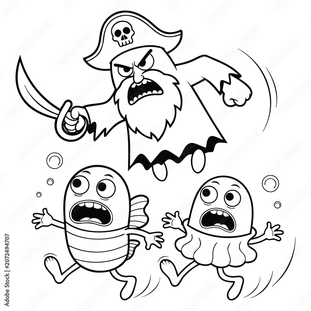 Fototapeta premium Cartoon pirate chasing two frightened fish black and white line scared