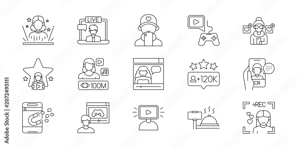 Fototapeta premium Set of Linear Icons Representing Social Media Content Creators and Digital Streaming Influencer Activities