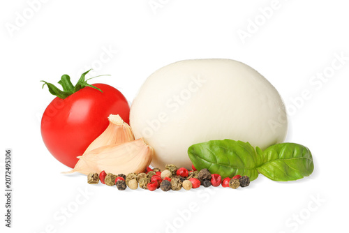 Fresh mozzarella with tomato, garlic, and basil, PNG