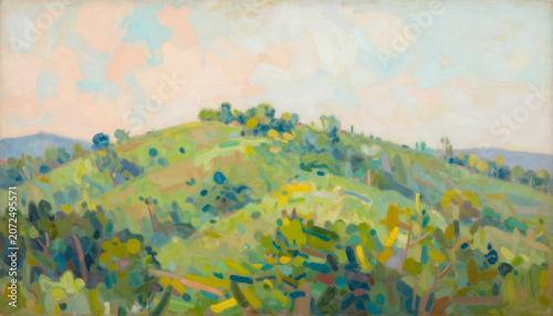 Impressionistic hillside landscape with vibrant greenery and soft pastel sky