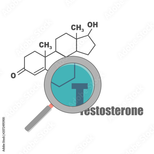Chemical molecular formula of human hormone testosterone and magnifier. Concept of medicine, biotechnology and biochemistry. Scientific research.