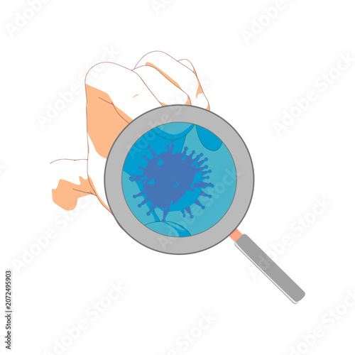 Hand holding abstract spherical virus. Virus cell and magnifier. Virus diseases relative illustration. Concept of medicine, biotechnology and biochemistry. Virology scientific research.