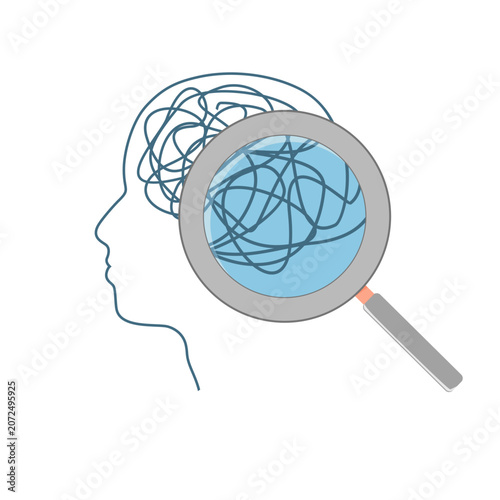 Stress and psychosis. Magnifier and human side view with a tangled ball of nerves, scribbles symbolizing a depressed state of a person. Personality disorder and depression medical research concept.