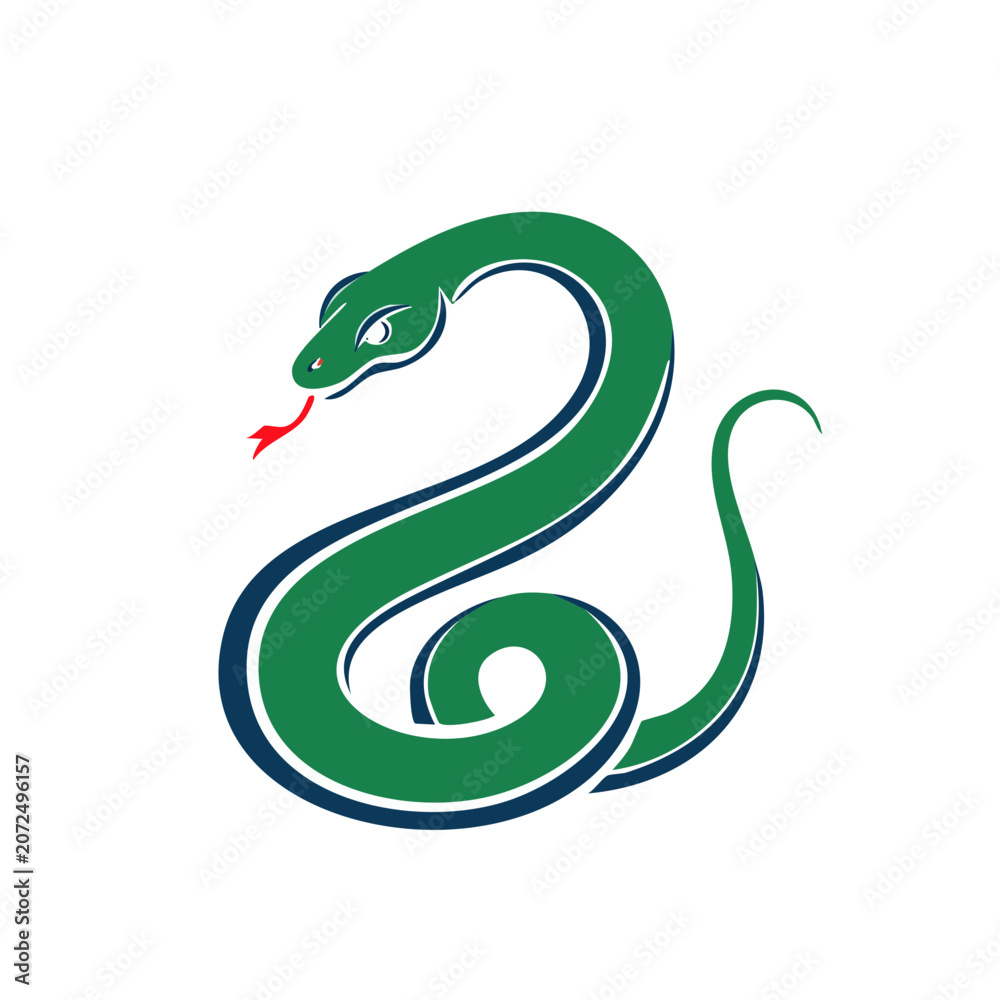 Fototapeta premium Green snake vector illustration with red tongue
