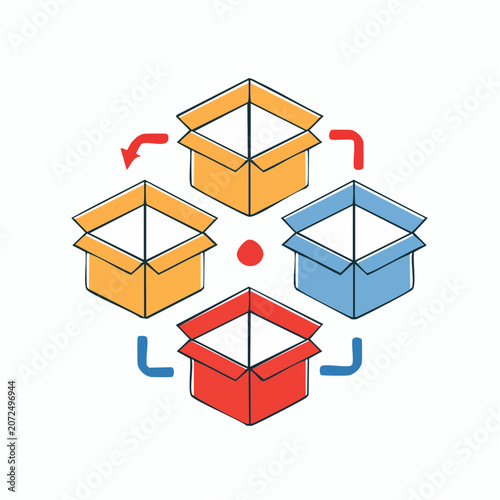 Open boxes arranged with arrows and dots