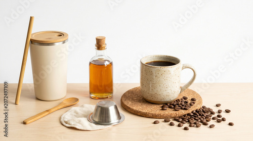 Sustainable coffee brewing set with ceramic mug and reusable accessories, eco-friendly zero waste coffee kit, natural wood and cork textures