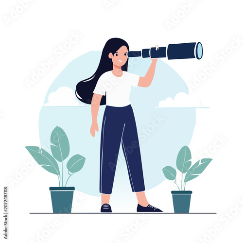 Woman looking through telescope in flat illustration style